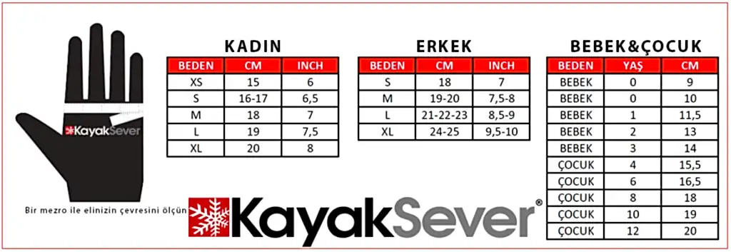 Kayak ve Snowboard Eldiveni Ölçü Tablosu